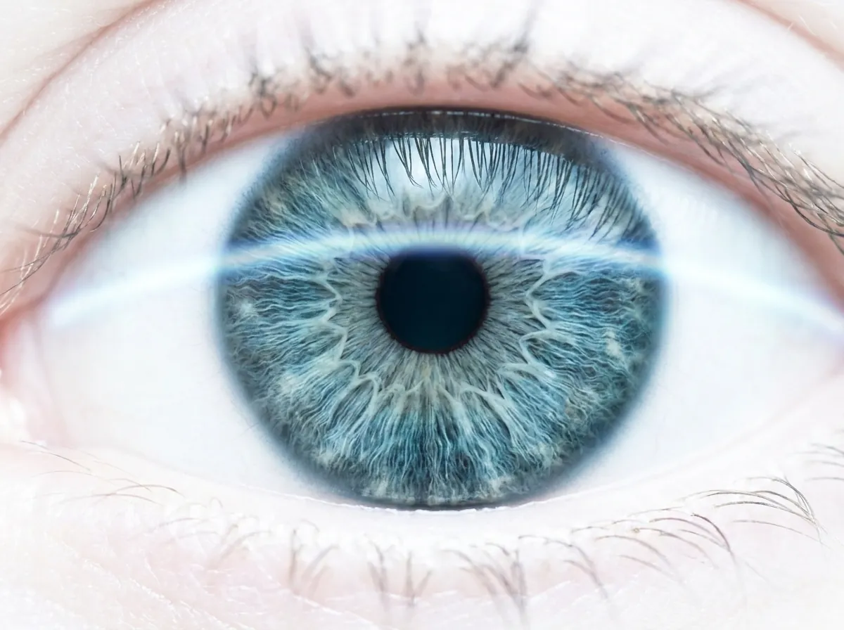 Extreme close-up of a teal-grey human iris with a fine ring of diagnostic light sweeping across the cornea