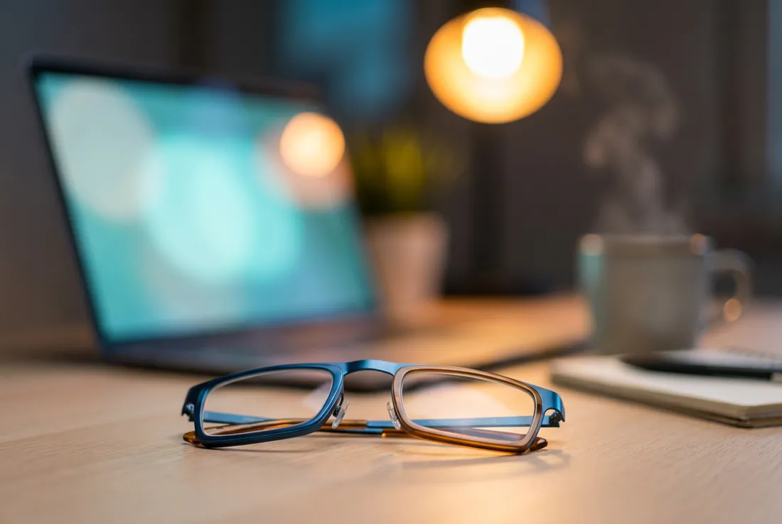 Eyeglasses folded on a desk in front of a glowing laptop screen in a dim evening office