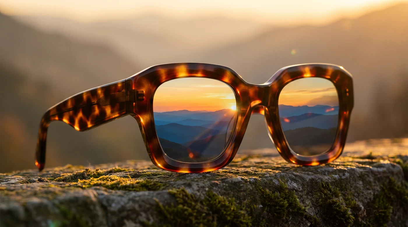 A bold oversized tortoiseshell sunglasses frame on a Blue Ridge ridgetop at golden hour, with the sunset mirrored in the lenses