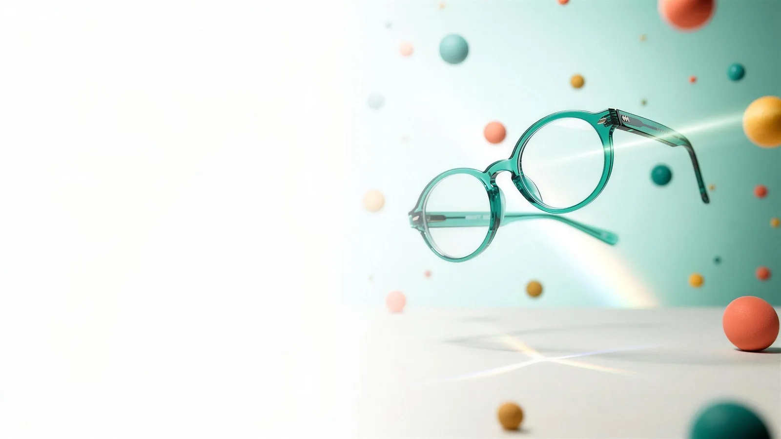 A round teal eyeglasses frame floating weightless among pastel candy-colored spheres